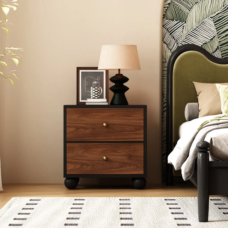 Traditional Vintage Rectangular Round Paulownia Wood Pine Board Iron Nightstand 2-Drawer For Bedroom