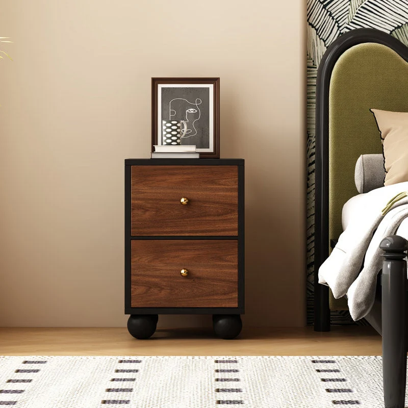 Traditional Vintage Rectangular Round Paulownia Wood Pine Board Iron Nightstand 2-Drawer For Bedroom