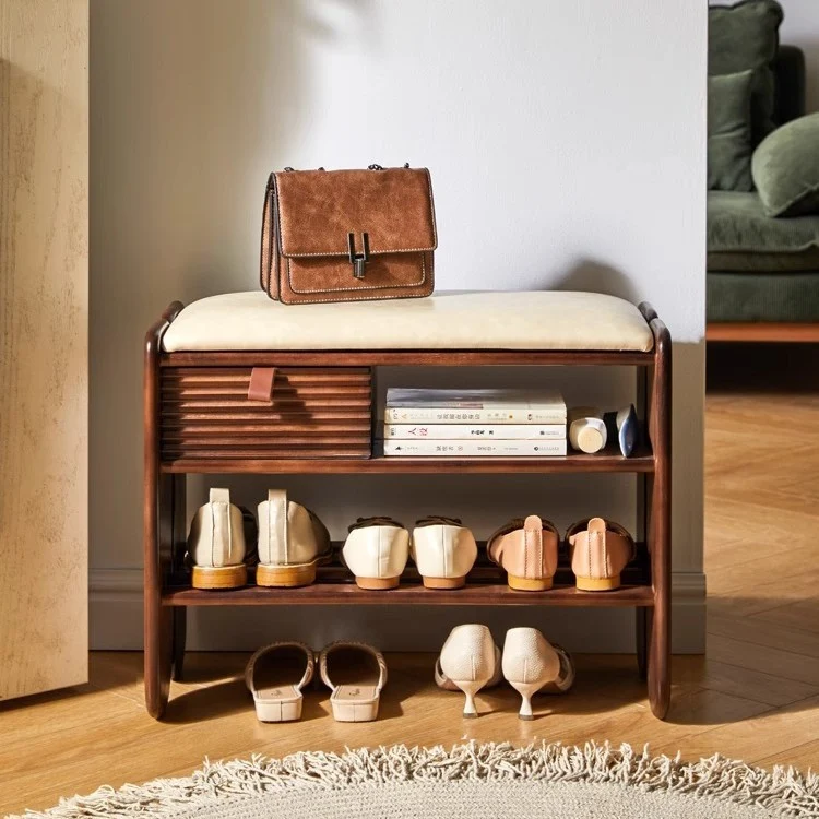Traditional Vintage Rectangular PU Leather Rubberwood Solid Multi-Layer Plywood Shoe Bench 3-Tier For Entryway