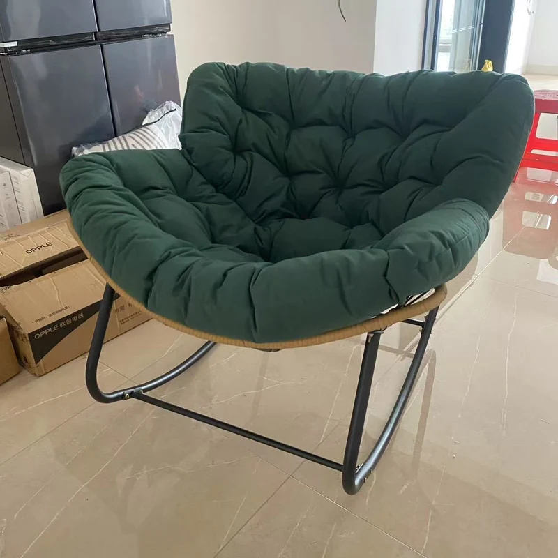 Modern Minimalist Curved Bird's Nest Carbon Steel Linen-Blend Synthetic Fabric PE Rattan Rocking Chair Backrest Armless For Living Room