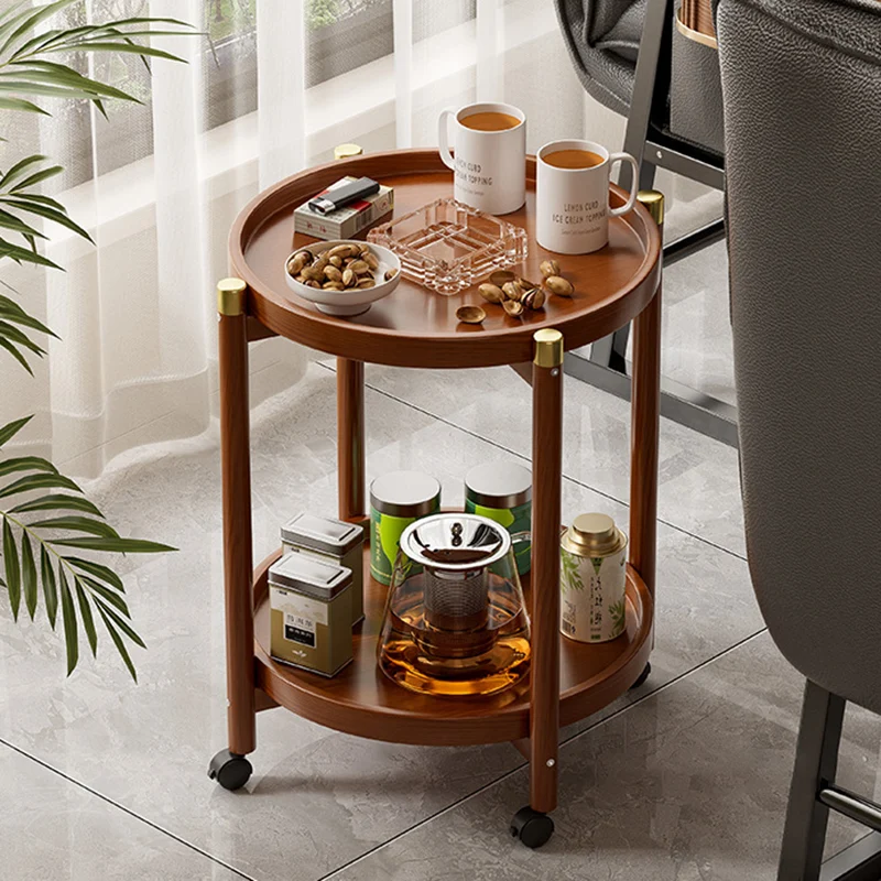 Traditional Chinese Cylindrical Bamboo Medium Density Fiberboard Movable Side Table 2-Tier For Living Room