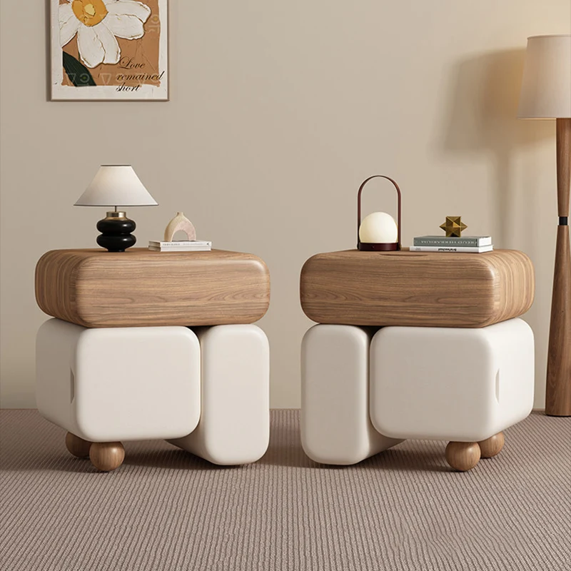 Contemporary Nordic Geometric Solid Wood Cat Scratch-Resistant Leather Nightstand 3-Drawer For Bedroom