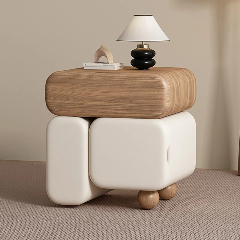 Contemporary Nordic Geometric Solid Wood Cat Scratch-Resistant Leather Nightstand 3-Drawer For Bedroom