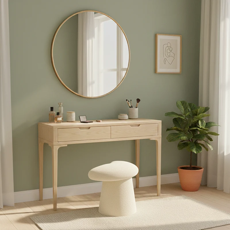 Modern Minimalist Solid Wood Plywood & Sherpa Fabric Whale-Tail Cushion Vanity Stool With Cylindrical Base For Bedroom