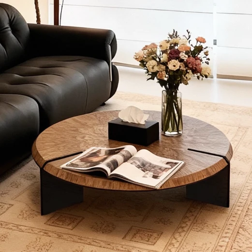 Traditional Vintage Round Multi-Layer Solid Wood Panel Tempered Glass Acrylic Stainless Steel Coffee Table For Living Room