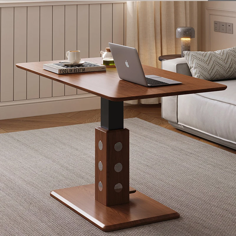 Traditional Vintage Rectangular Rubberwood Multi-layer Solid Wood Panel Iron Height-Adjustable Coffee Table For Living Room