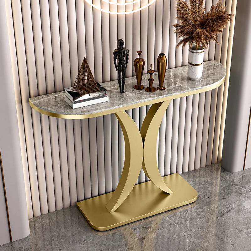 Glam Half Moon Accent Table with Stone Top and Iron Pedestal Base