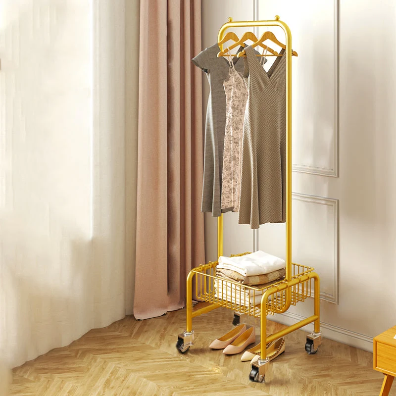 Contemporary Golden Metal Coat Rack Castors Coat Rack with Storage