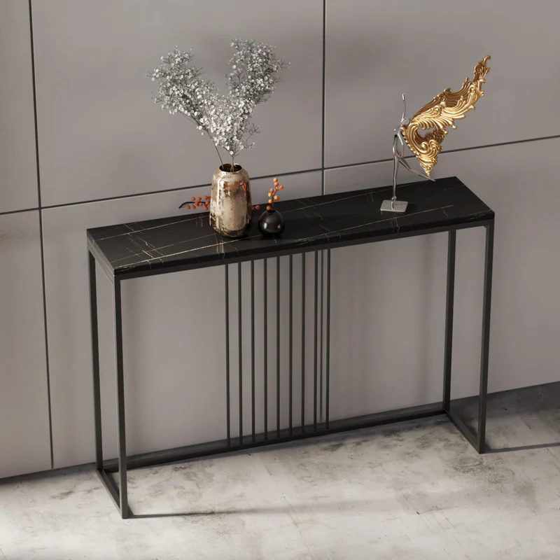 Iron Trestle Base Console Table with Rectangle Stone Top Accent Table