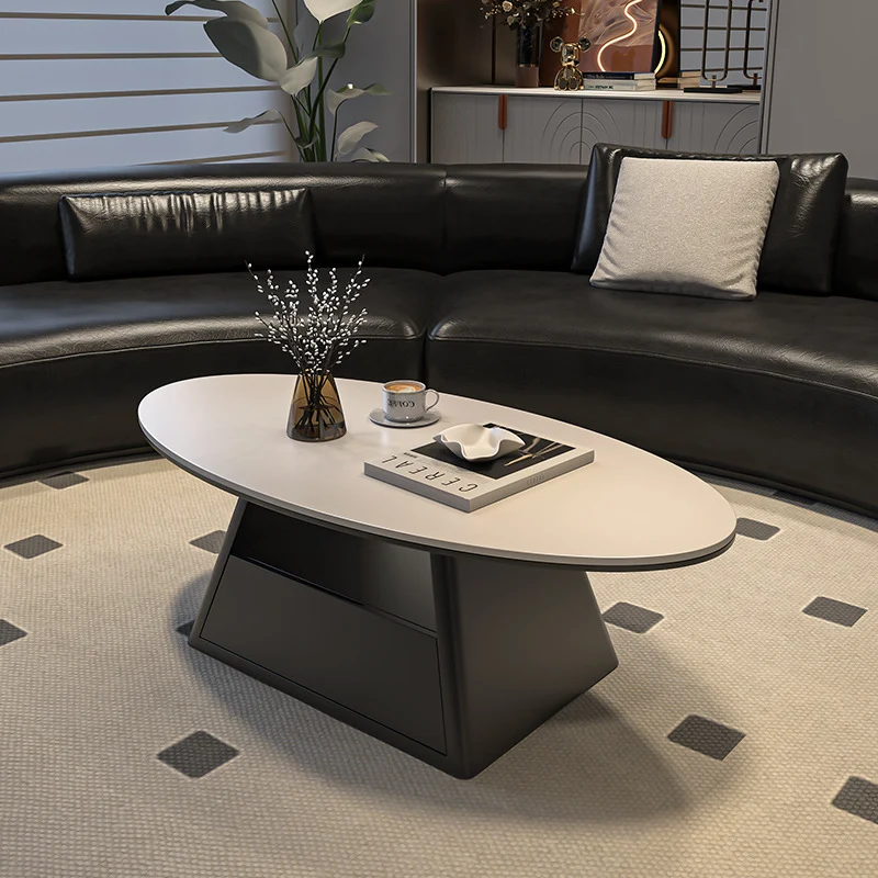 Modern Minimalist Sintered Stone Iron Long Oval Tapered Base Coffee Table With 2-Tier For Living Room