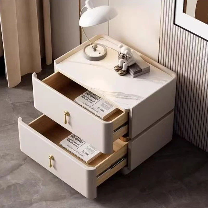 Contemporary Scandinavian MDF Sintered Stone Faux Leather Rounded Square Nightstand 2-Drawer For Bedroom