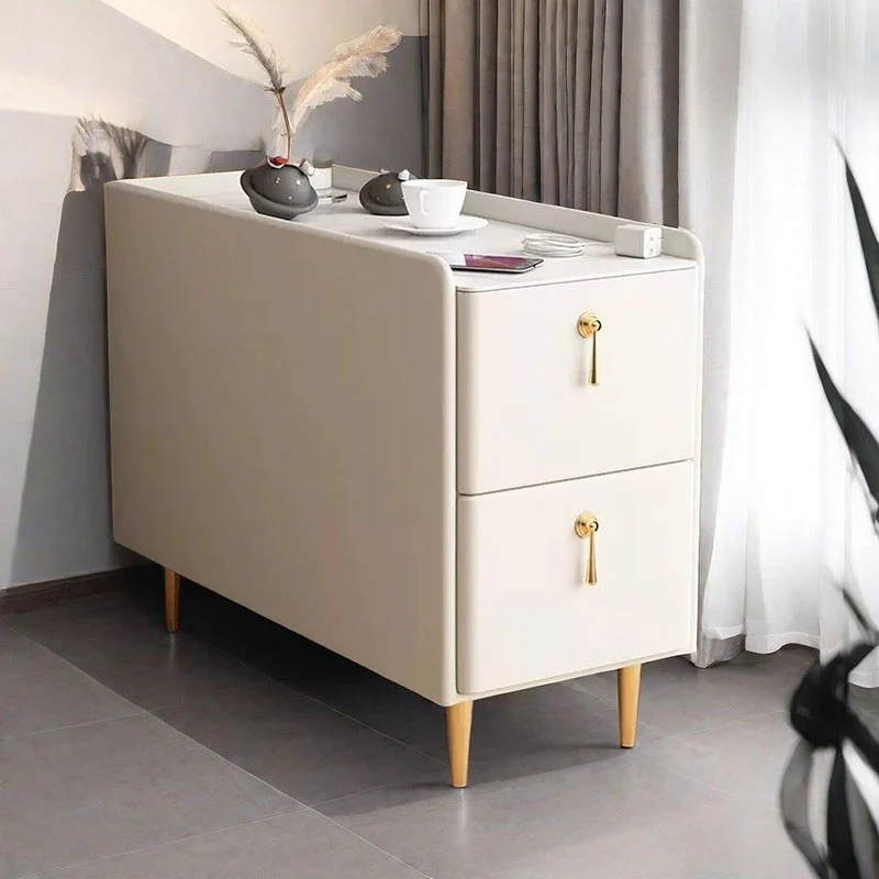 Modern Luxury MDF Solid Wood Stone Slab Faux Leather Rounded Rectangular Side Table 2-Drawer For Living Room