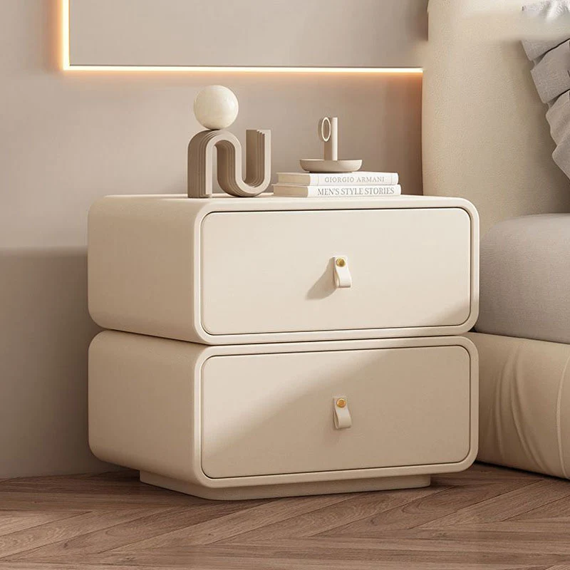 Modern Minimalist Solid Wood Faux Leather Rounded Square Nightstand 2 Drawers For Bedroom