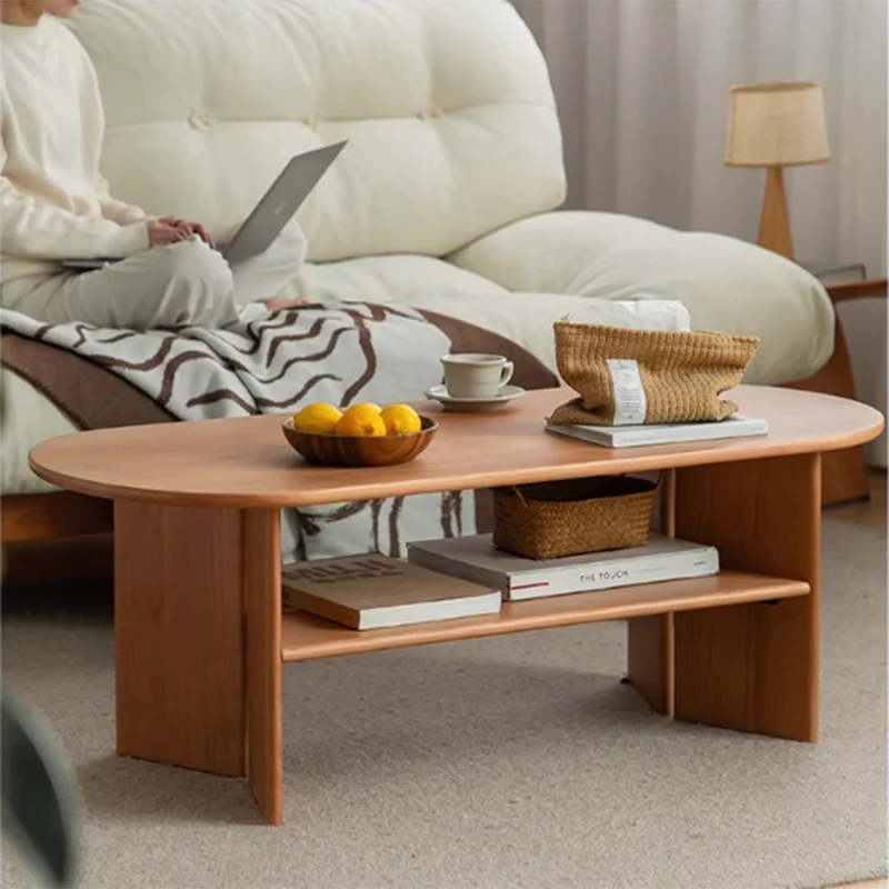 Traditional Vintage Cherry Wood Long Oval Slab Coffee Table With 2-Tier For Living Room