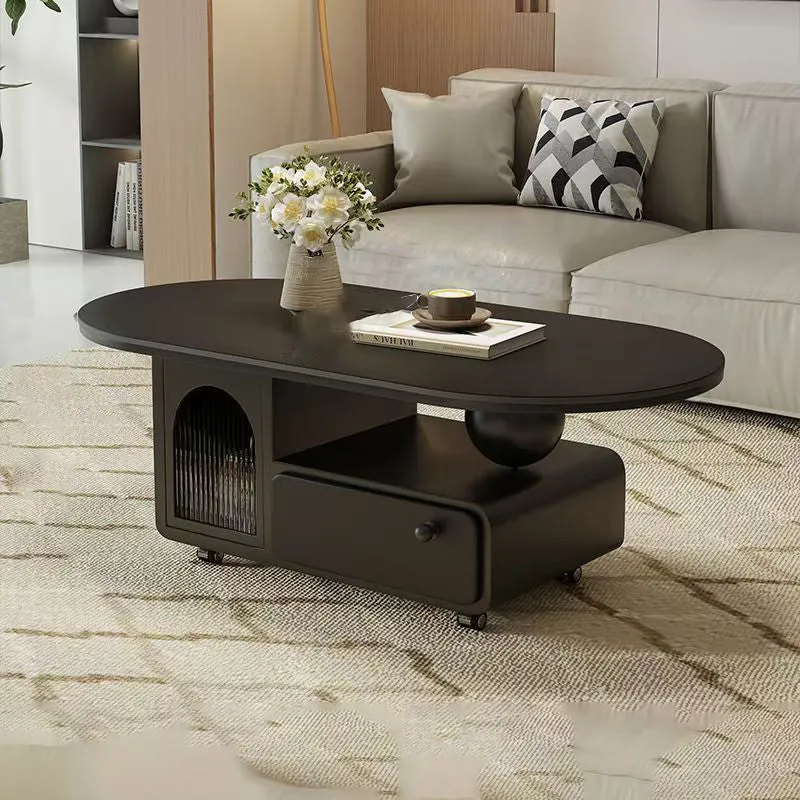 Contemporary Scandinavian Sintered Stone Solid Wood Plywood Acrylic Oval Rectangular Coffee Table With 1-Drawer For Living Room