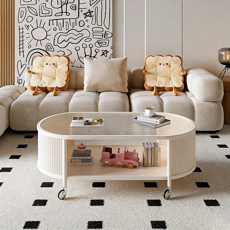 Modern Minimalist Glass Carbon Steel Movable Elongated Oval Coffee Table With 2 Tiers For Living Room