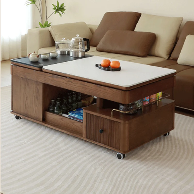 Traditional French Sintered Stone Ash Wood Movable Rectangular Coffee Table With 2 Tiers For Living Room