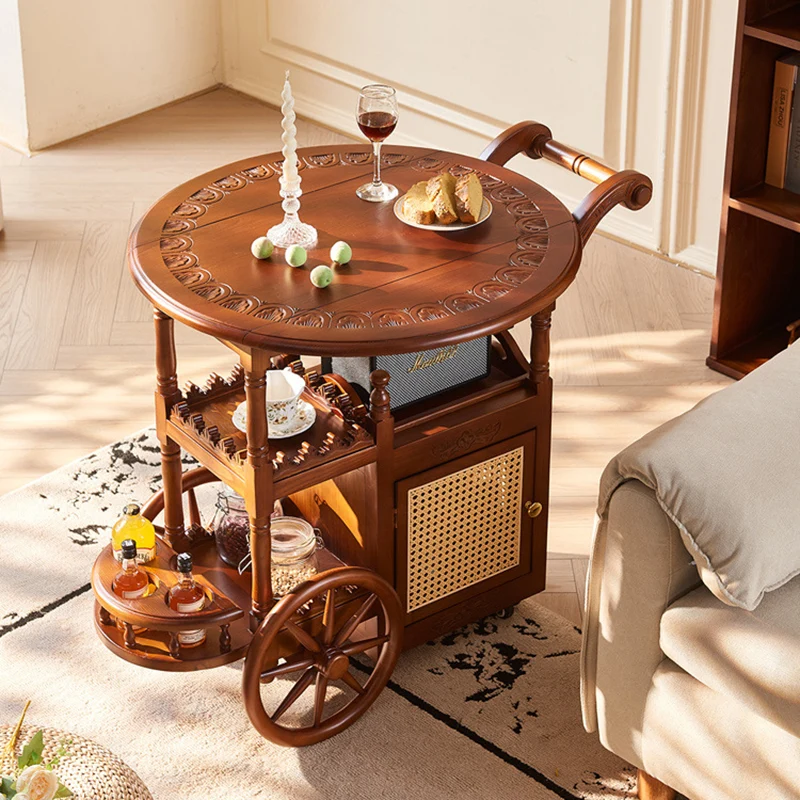 Traditional Vintage Ash Wood Rattan Carved Rectangular Coffee Table With 3 Tiers For Living Room