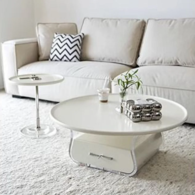 Traditional French Engineered Wood Acrylic Stainless Steel Round Curved Coffee Table With 2 Tiers For Living Room