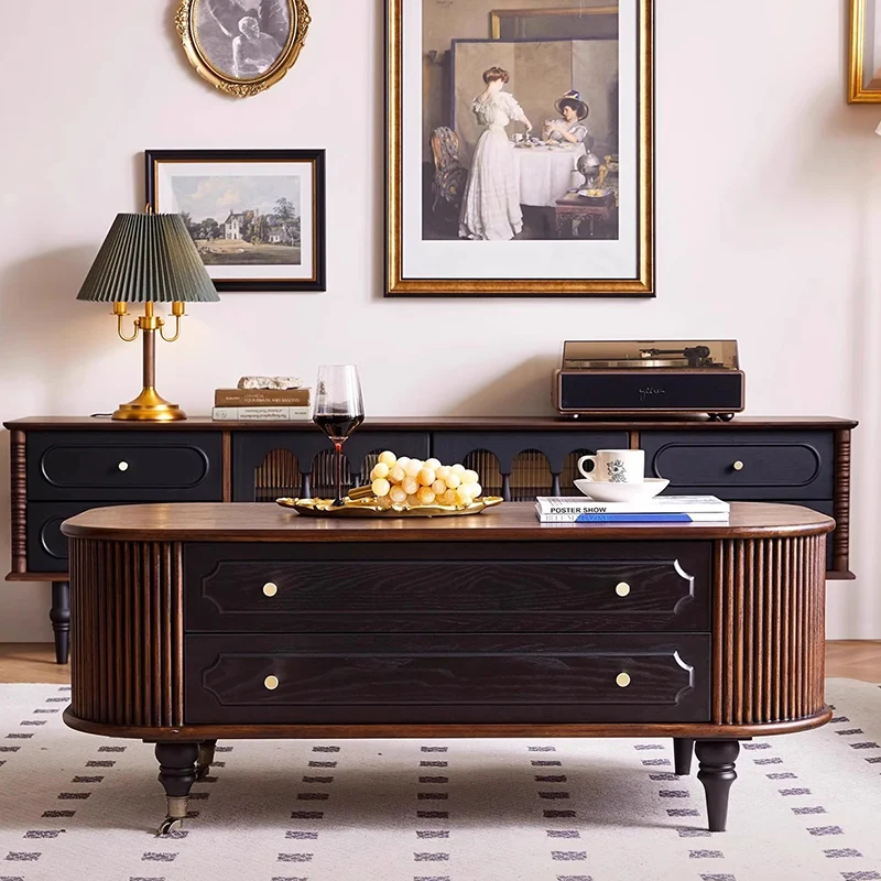 Traditional French Oak Wood Solid Wood Multi-Layer Board Rounded Elongated Oval Coffee Table With 2 Drawers For Living Room