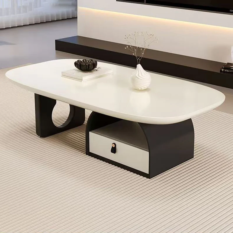 Traditional French Solid Wood Multi-Layer Board Rounded Rectangular Curved Coffee Table With 1-Drawer For Living Room