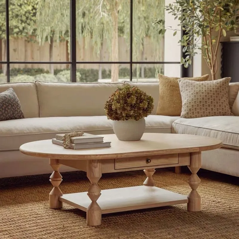 Traditional French Pine Wood Oval Tapered Coffee Table 2-Tier For Living Room