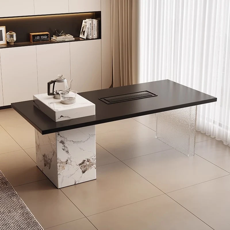 Contemporary Scandinavian Solid Wood Multi-Layer Board Acrylic Rock Slab Rectangular Square Coffee Table 1-Tier For Living Room