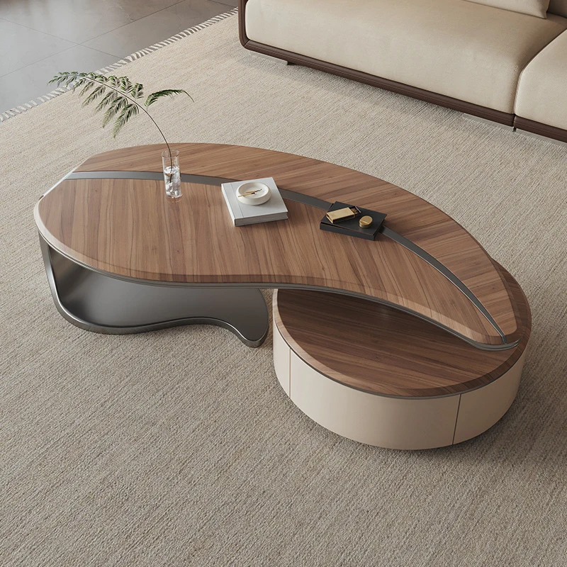 Traditional Chinese Stainless Steel Solid Wood Multi-Layer Board Leaf-Shaped Round Coffee Table 2 Tier For Living Room