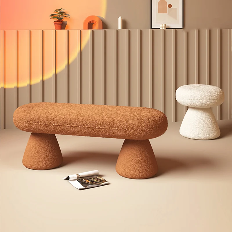 Modern Minimalist Oval Sherpa Solid Wood Sherpa Fabric Upholstered Bench Backless Armless For Entryway & Hallway