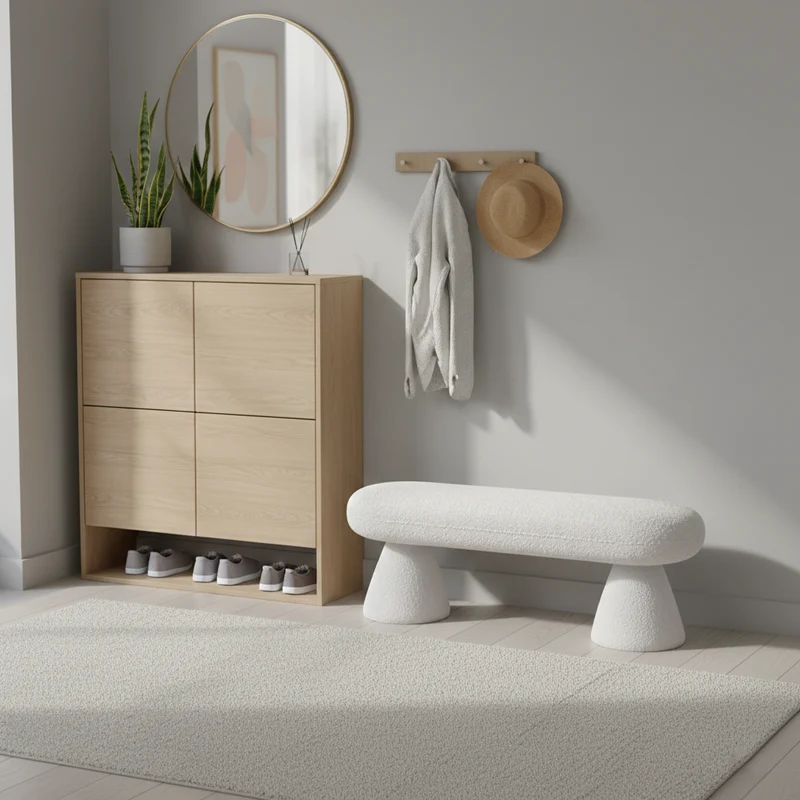 Modern Minimalist Oval Sherpa Solid Wood Sherpa Fabric Upholstered Bench Backless Armless For Entryway & Hallway