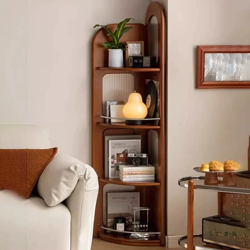 Contemporary Retro Fan-shaped Boxwood Pine Wood Glass Stainless Steel Corner Shelf Unit 4-Tier For Living Room