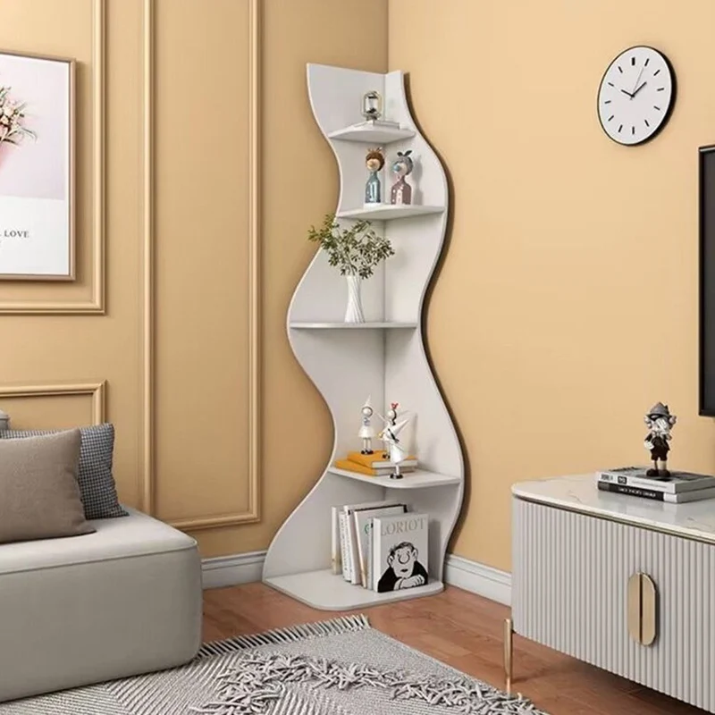 Modern Art Deco Rectangular Wavy Engineered Wood Corner Shelf Unit 5-Tier For Living Room