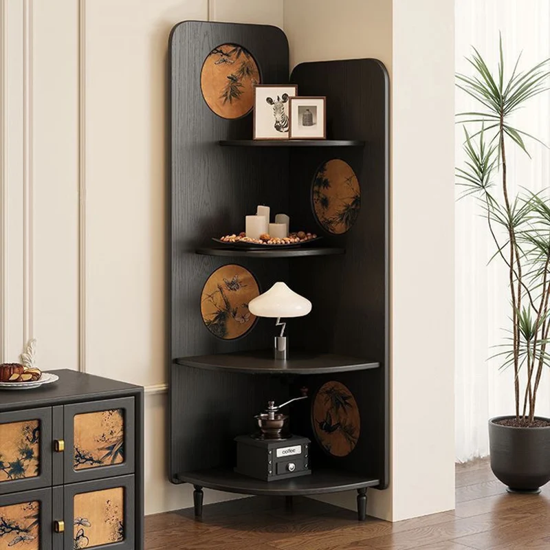 Modern Mid-century Fan-shaped Rubberwood Ash Wood Xiangyun Silk Corner Shelf Unit 4-Tier For Living Room