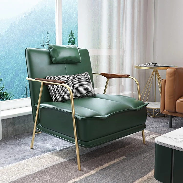 Contemporary Nordic Square Rectangular PU Leather Iron Eucalyptus Wood Accent Chair Backrest Armrest For Living Room