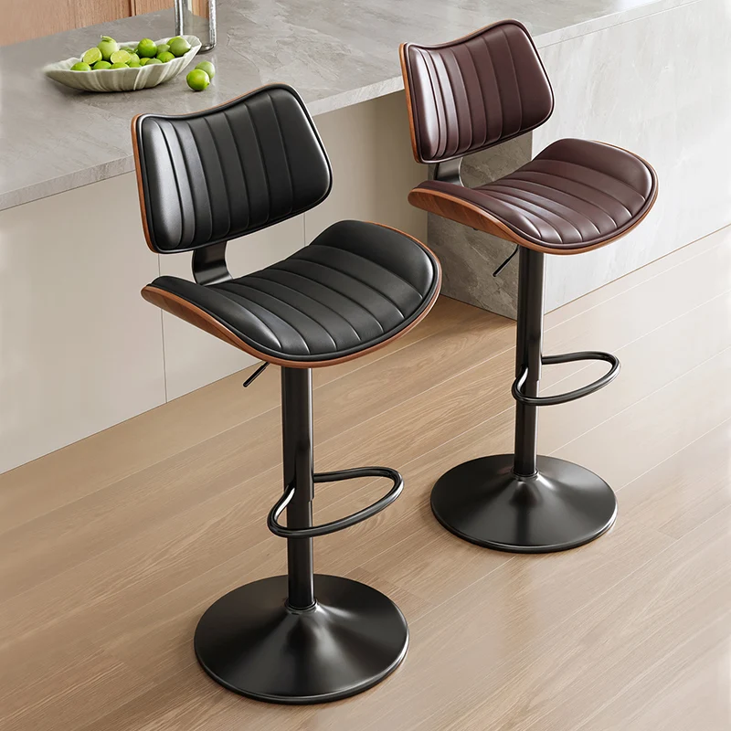 Contemporary Luxury Curved Rectangular Beech Wood PU Leather Iron Stainless Steel Swivel Height-Adjustable Bar Stool Backrest Armless For Dining Room & Kitchen