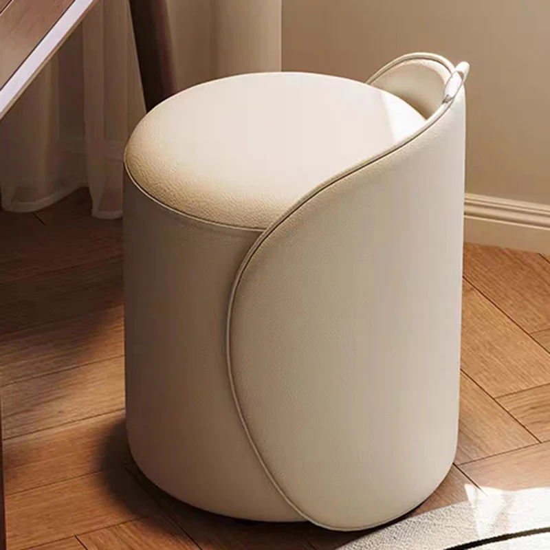 Modern Minimalist Cylindrical PU Leather Solid Wood Vanity Stool Backless Armless For Bedroom