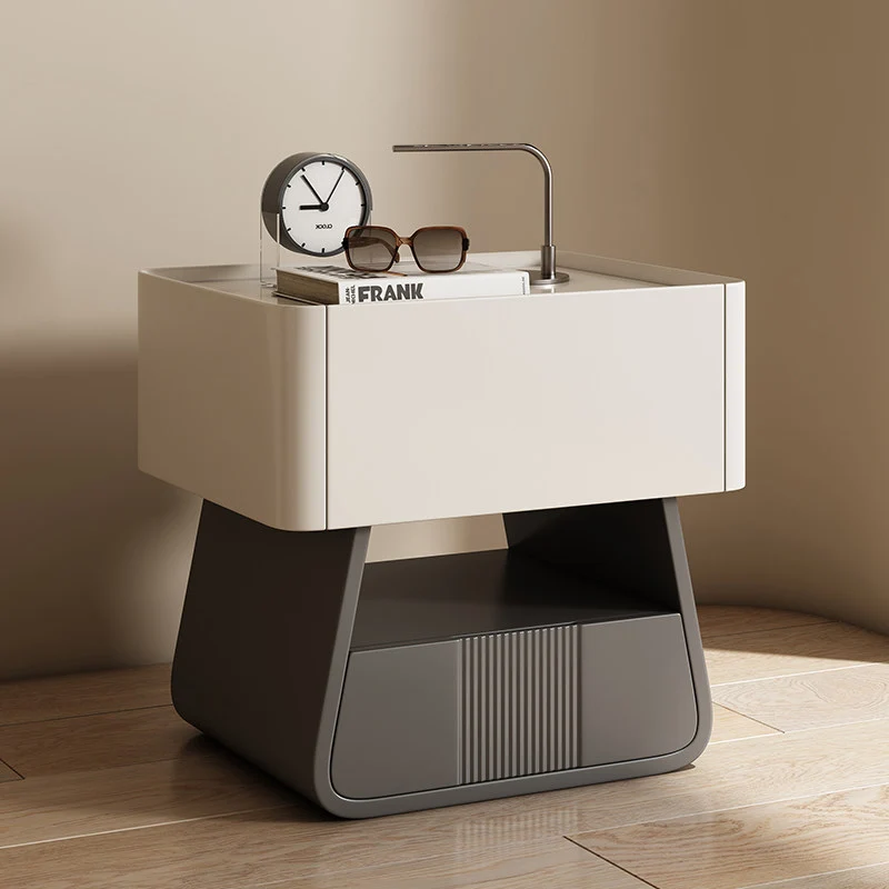 Modern Minimalist Rectangular Trapezoidal Multi-Layer Wood Nightstand 2-Drawer For Bedroom