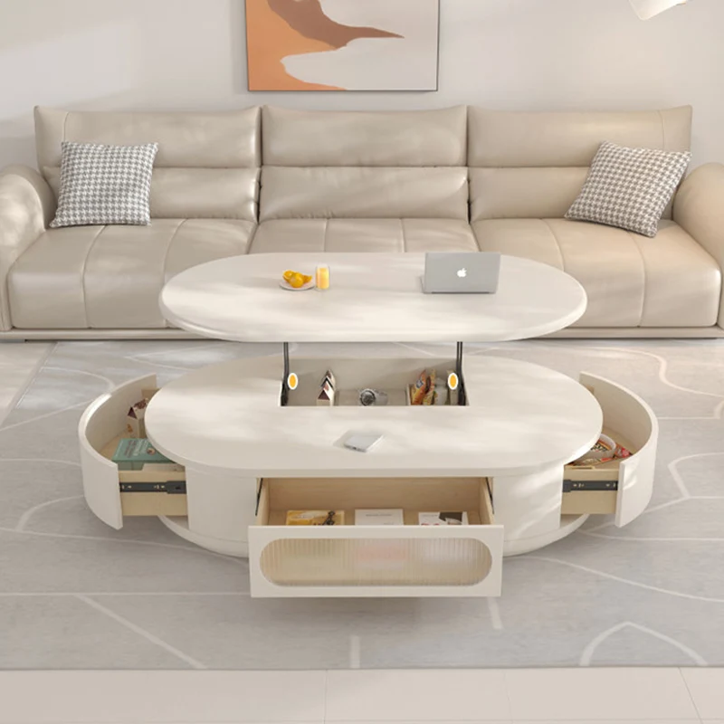 Contemporary Scandinavian Oval Multi-Layer Solid Wood Panel Solid Wood Drawers Extendable Coffee Table 3-Drawer For Living Room