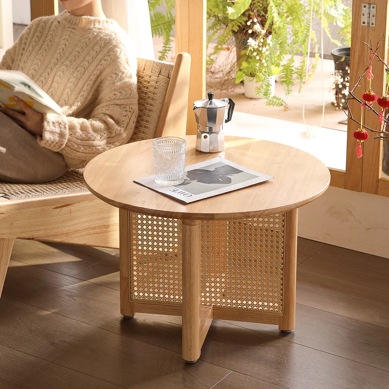 Traditional Vintage Round Rubberwood Solid Wood PE Rattan Coffee Table For Living Room