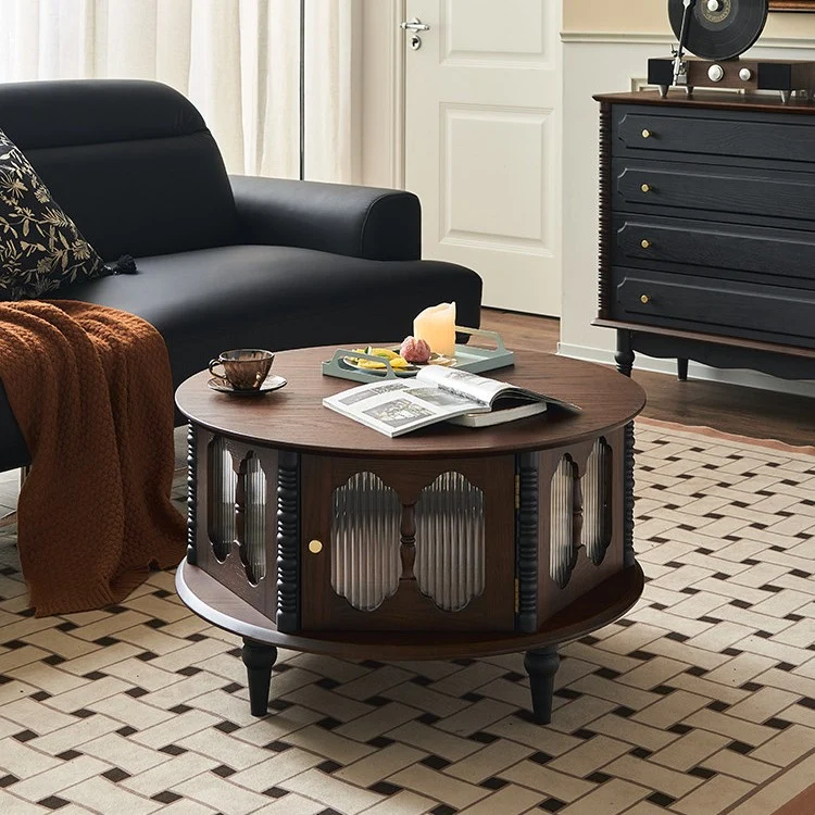 Traditional French Round Solid Ash Wood Multi-Layer Solid Wood Panel Storage Coffee Table For Living Room