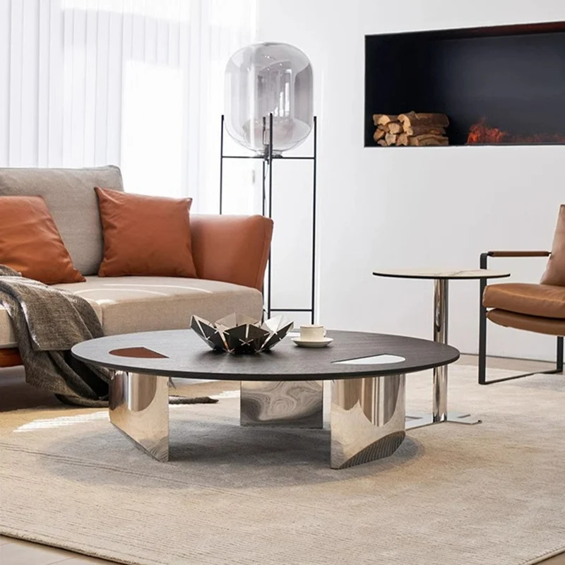 Modern Luxury Round Multi-Layer Solid Wood Panel Stainless Steel Coffee Table For Living Room