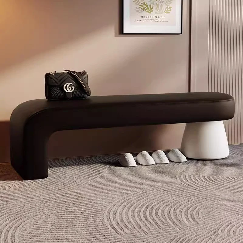 Contemporary Scandinavian PU Leather Solid Wood Curved Oval Shoe Bench For Living Room