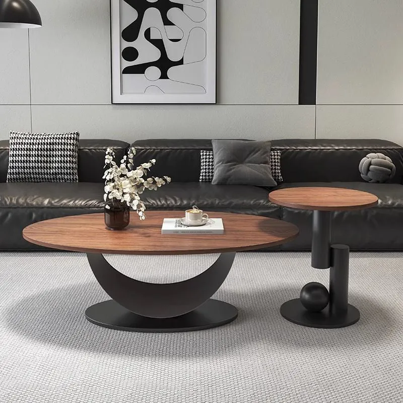 Contemporary Scandinavian Engineered Wood Iron Oval Curved Coffee Table 1-Tier For Living Room