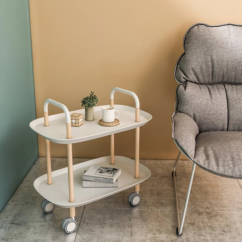 Nordic Mobile Side Table - Beech Wood Frame Silent Locking Caster Wheels 2-Tier Small Cart For Living Room & Bedroom