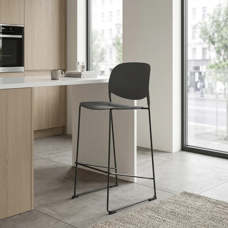 Modern Gray PP With Durable Steel Frame Bar Stool - Minimalist Design Dining Chair, Easy-Care Backrest, Stable Everyday Seating For Kitchen, Dining Room, Home Office & Commercial Spaces