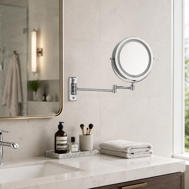 Modern Minimalist Round Iron Glass LED Wall Mirror Foldable For Bathroom