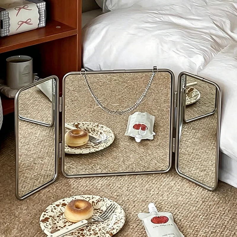 Modern Minimalist Rectangular Stainless Steel Glass Tri-Fold Wall Mirror For Bathroom