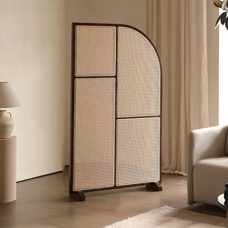 Traditional Japanese Curved Pine Wood PE Rattan Room Divider For Living Room