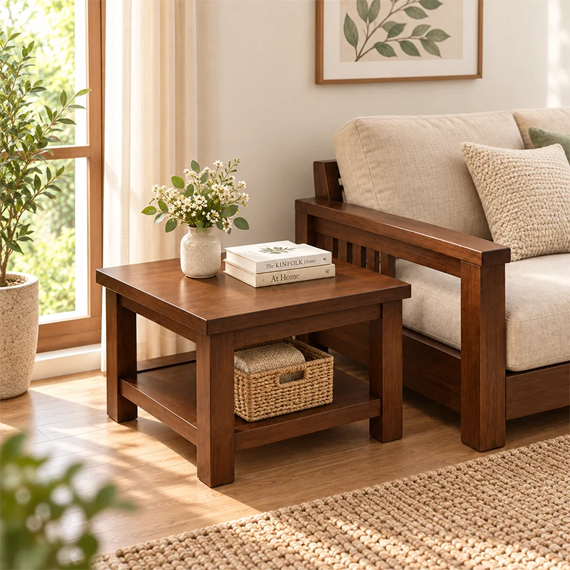 Traditional Chinese Walnut Rounded Square 2-Tier Side Table For Living Room