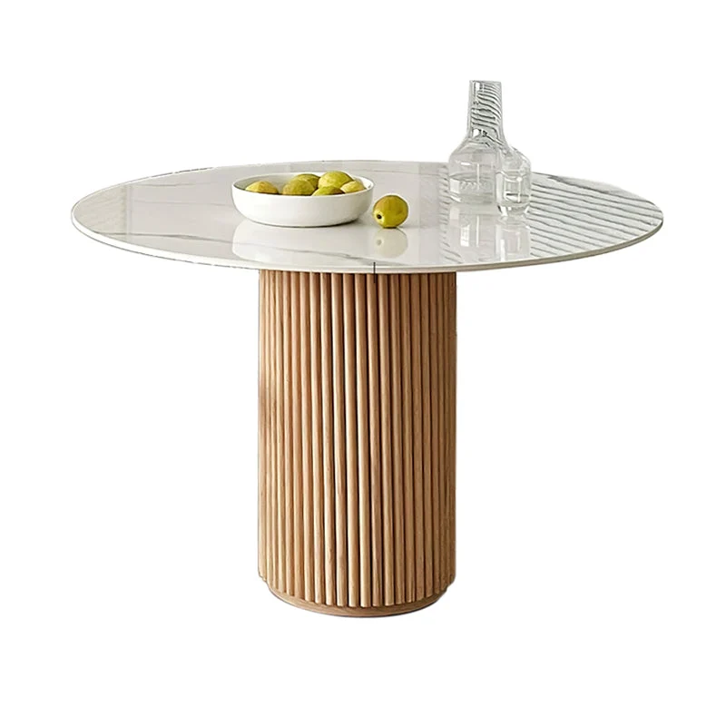 Modern Solid Wood and Stone Round Dining Table with Pedestal